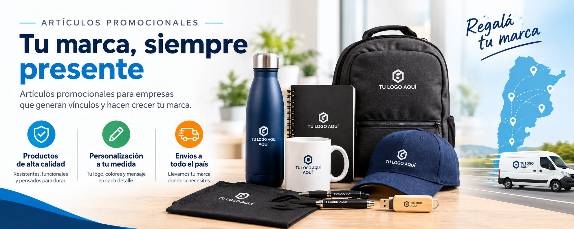 Artículos promocionales: tu marca, siempre presente. Productos de alta calidad, personalización a tu medida y envíos a todo el país.